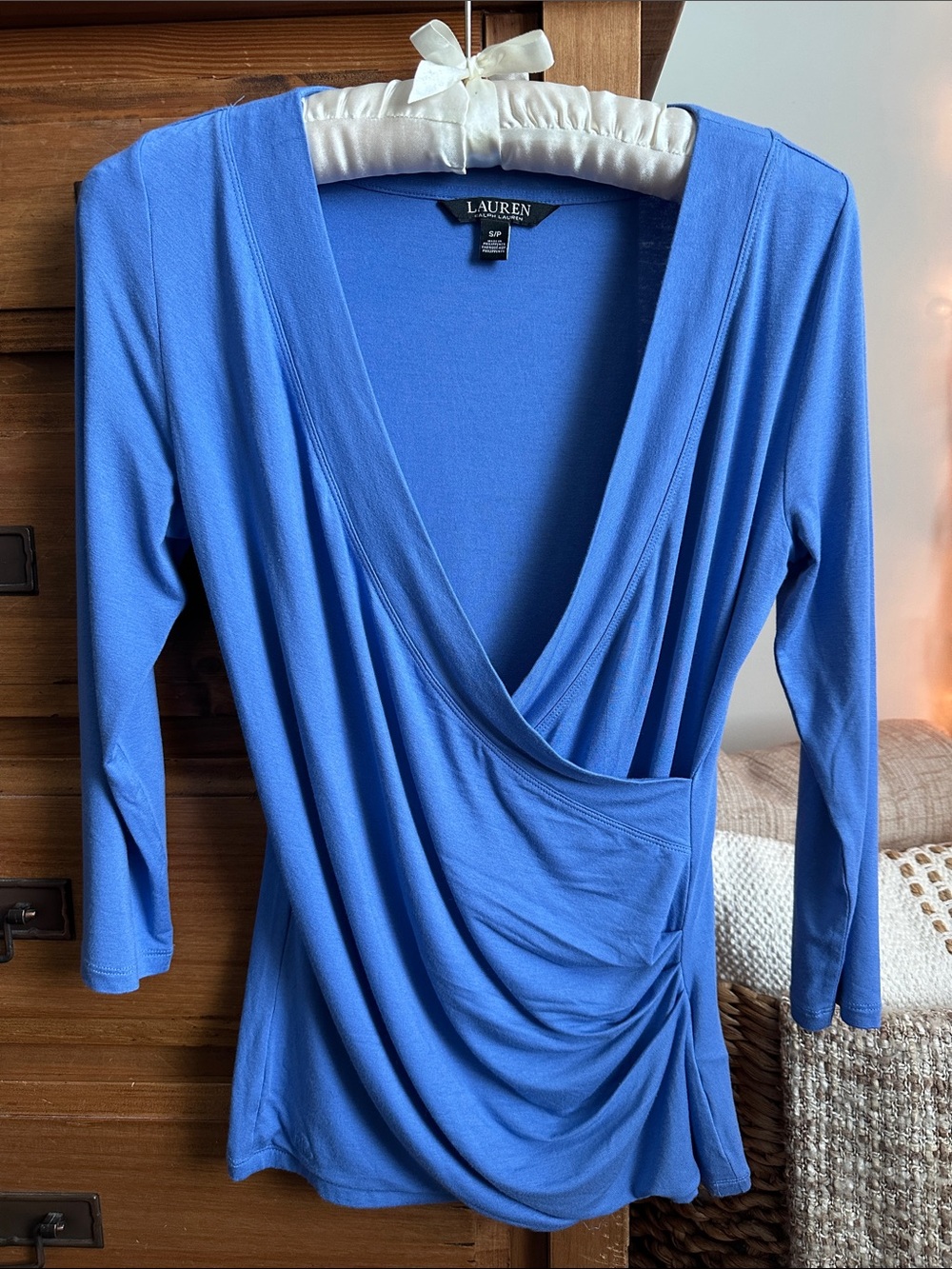 Lauren Ralph Lauren Periwinkle Blue Draped V-Neck Long Sleeve Top